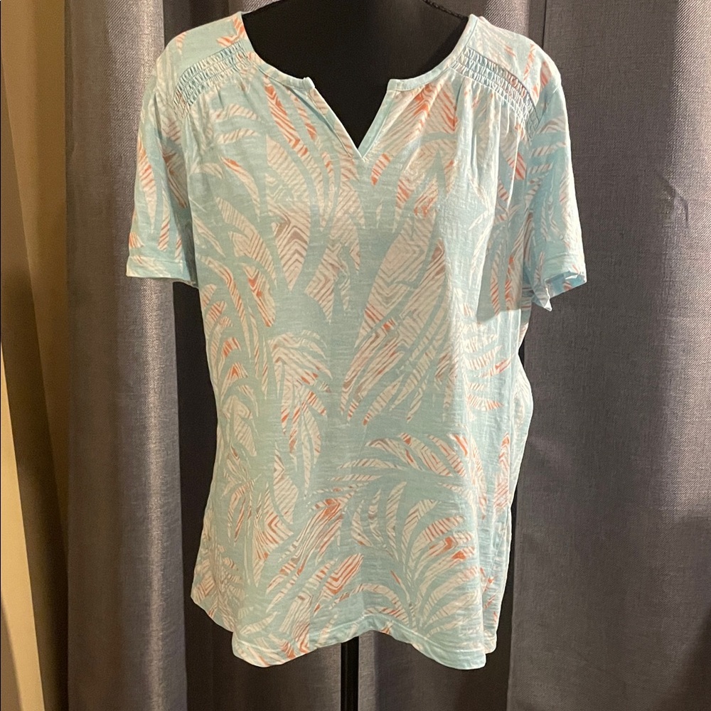 Chico's Aqua Palm-Print Short Sleeve Cotton Tee Size 2 (12-14)